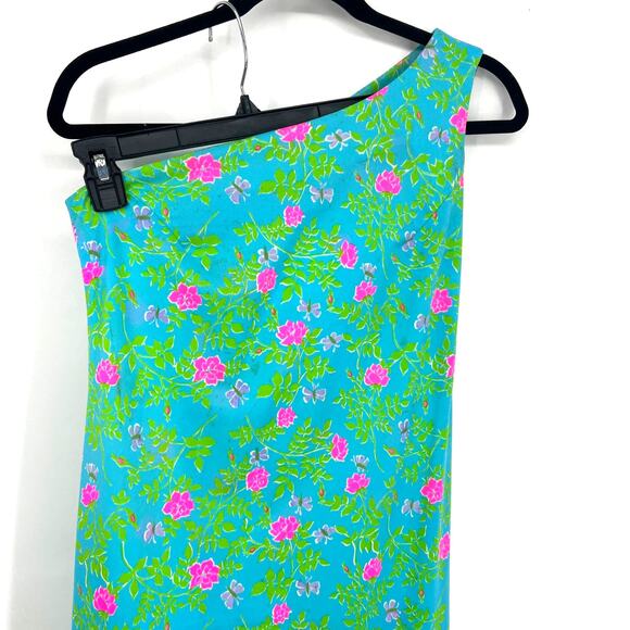 VTG Vanda Key West VIBRANT Blue Green Floral Pink One Shoulder Maxi Dress Size 6 - Picture 2 of 16